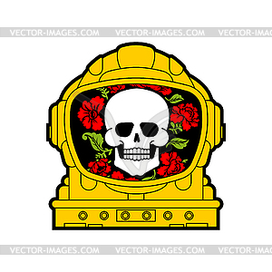 Skull in Astronaut helmet And flowers. Death in - vector image