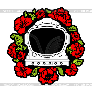 Astronaut helmet And flowers. Spacesuit And roses. - royalty-free vector image