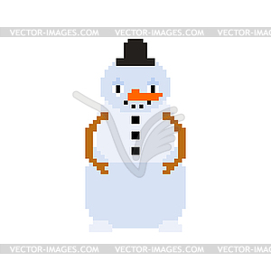Snowman pixel art. Christmas 8 bit. Xmas Pixelate - vector image