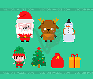 Christmas icon set pixel art. Santa Claus and - vector clipart