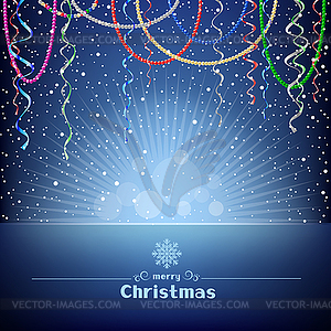 Christmas blue card with beads ribbons and light - vector clipart / vector image