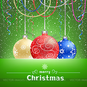 Christmas green card with snow around and baubles - vector image