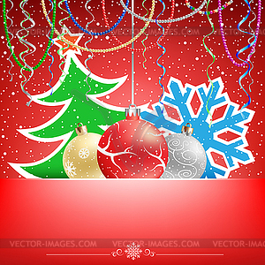Christmas red card snow ribbons and bauble - vector clipart