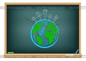 Drawing children and earth by chalk - vector clipart