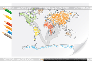 Drawing world map by color pencils - stock vector clipart