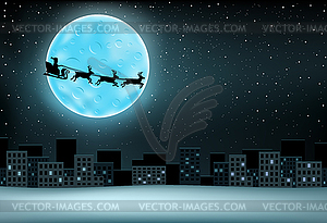 Santa flying moon city - vector clipart