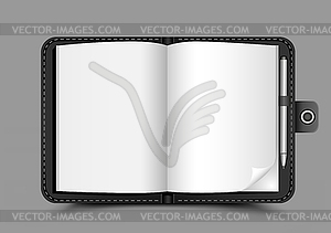 Open notepad gray background - vector image