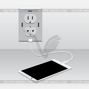 White smartphone charged usb - vector clipart