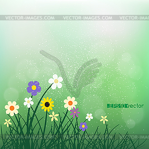 Wild flowers and grass on blur green bokeh - vector clip art