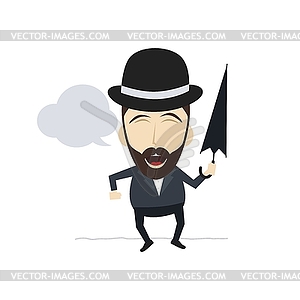 Fun guy with umbrella and bowl hat - vector clip art