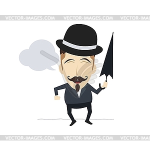 Fun guy with umbrella and bowl hat - vector image