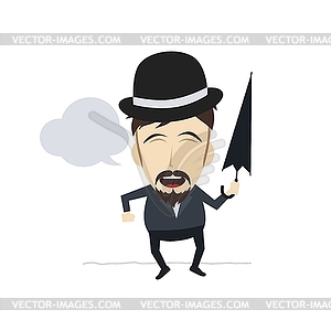 Веселый парень с зонтиком и чашей шляпе - векторное графическое изображение