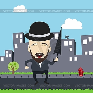 Fun guy with umbrella and bowl hat - vector image