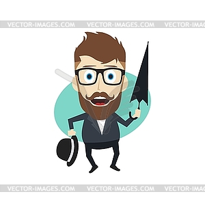 Fun guy with umbrella and bowl hat - vector clip art