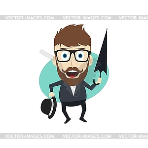 Fun guy with umbrella and bowl hat - vector image
