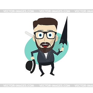 Fun guy with umbrella and bowl hat - vector EPS clipart