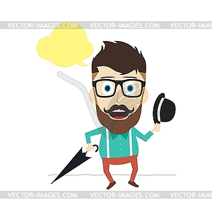 Fun guy with umbrella and bowl hat - vector clip art