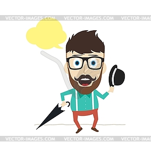 Fun guy with umbrella and bowl hat - vector clipart