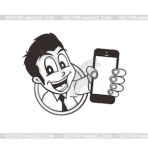 Cartoon guy holding phone - royalty-free vector image