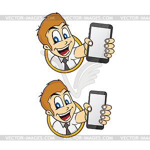 Happy businessman holding phone - vector clipart / vector image