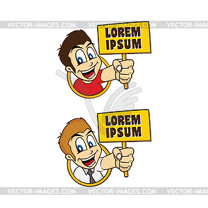 Happy guy smile cartoon holding sign - vector image