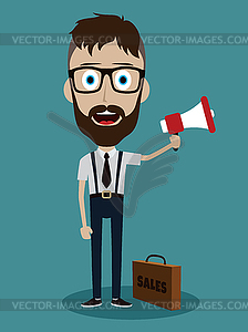 Trendy flat style cartoon man holding megaphone - vector clipart