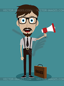 Trendy flat style cartoon man holding megaphone - vector EPS clipart