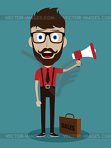 Trendy flat style cartoon man holding megaphone - vector clipart