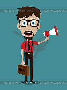 Trendy flat style cartoon man holding megaphone - vector clip art