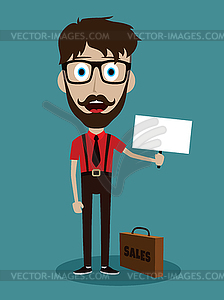 Happy success businessman with briefcase and sign - vector image