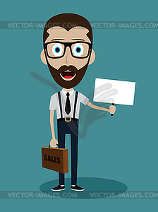 Happy success businessman with briefcase and sign - vector image