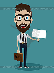 Happy success businessman with briefcase and sign - vector clip art