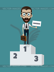 Happy success businessman on first podium with - stock vector clipart