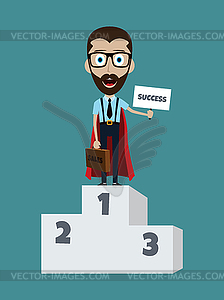 Young businessman in podium flat style superhero - vector clipart