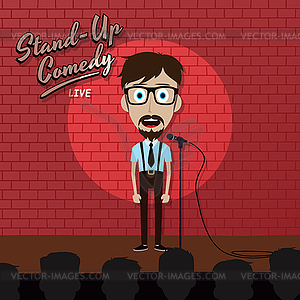 Adult male stand up comedian cartoon character on - vector image