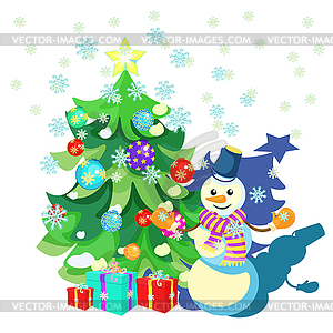 Card Christmas decorations, Christmas tree, gifts, - vector image