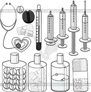 Coloring set Medical stethoscope, thermometer, - white & black vector clipart