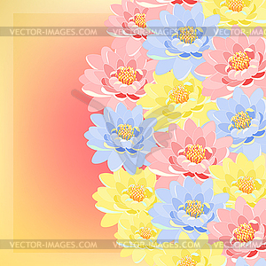 Greeting card with flowers lotus pink, blue, yellow - vector clip art