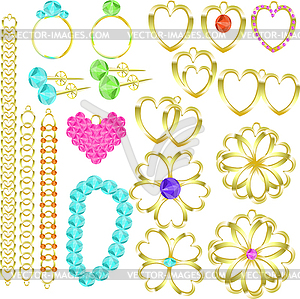 Jewelry set of gold rings, chains, earrings, - vector clipart