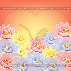 Postcard with lotuses heart in sunset - vector clip art