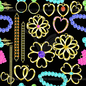 Seamless pattern of gold jewelry rings, chains, - vector clipart