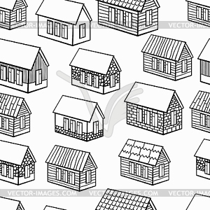 Seamless pattern of wooden houses and brick, stone - vector clipart