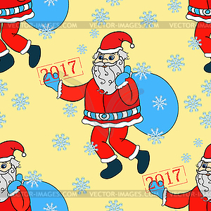 Seamless pattern smiling Santa Claus with bag of - vector clipart