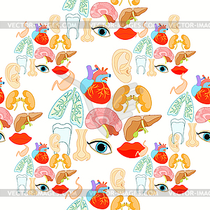 Seamless pattern with human heart organ, lungs, - vector image