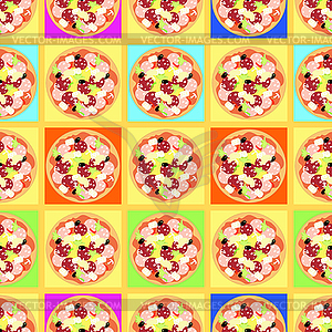 Seamless pattern with colored pizzas on tables. - vector clip art