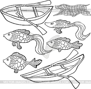 Set Coloring boat, fish net - vector image