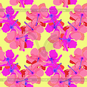 Seamless pattern with hibiscus on yellow background - vector clip art