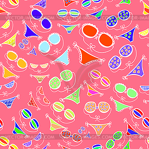 Seamless pattern with separate swimsuits on pink - vector clipart