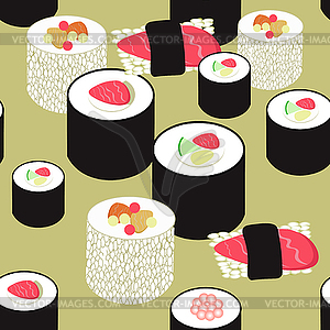 Seamless pattern with sushi and rolls on ocher - vector clipart