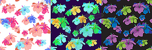 Set of flowers hibiscus on black. seamless - vector image